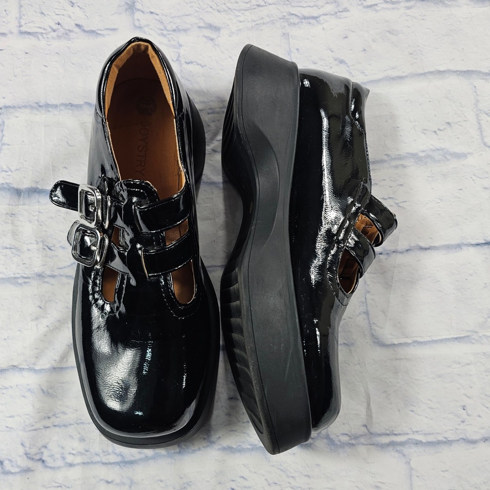 Joystry Platform Mary Jane Womens 42 9 Black Patent Leather Double Buckle Wedge - Picture 5 of 10